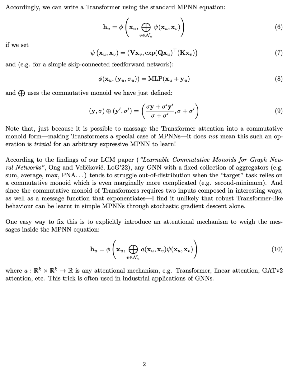 When discussing the relationship between Transformers and GNNs, a common pitfall is the softmax normalisation.

Here's a brief writeup showing how this issue can be overcome by clever bookkeeping... and arguing why I don't expect a simple expressive GNN to robustly learn this.