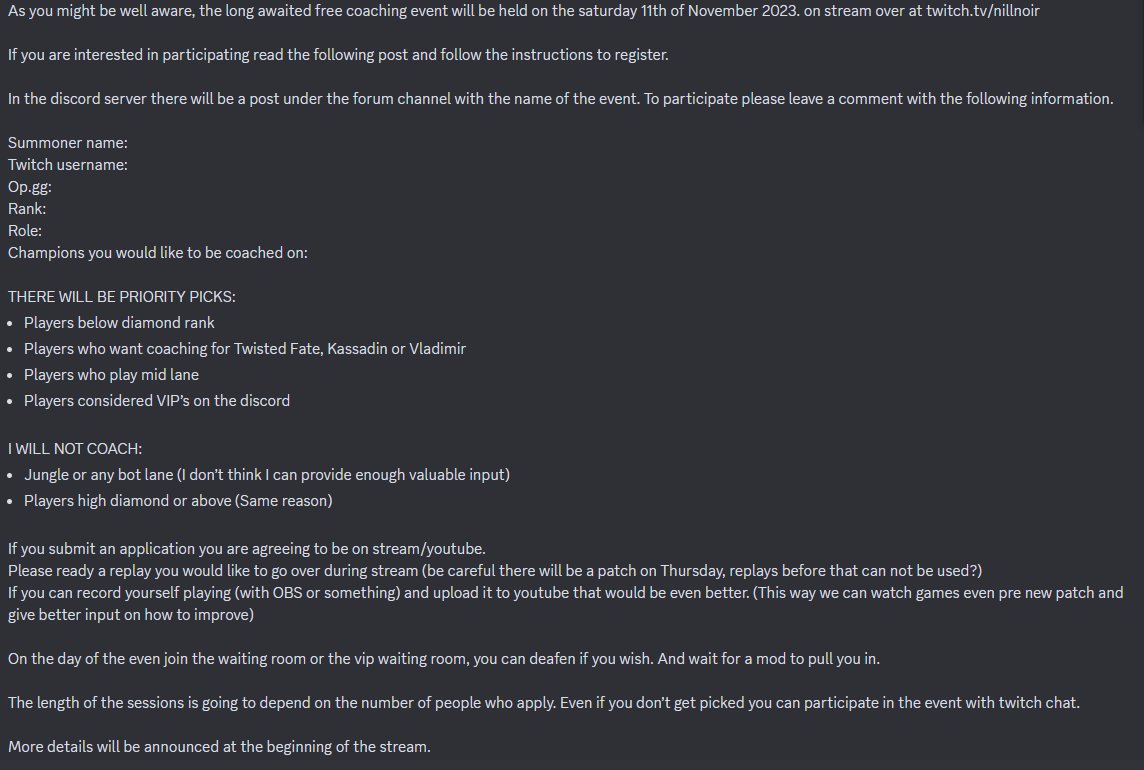 nillnoir's tweet photo. Free #LeagueOfLegends coaching event
Discord server: https://t.co/vN7kWn0ClA https://t.co/TJJHIjw2EV