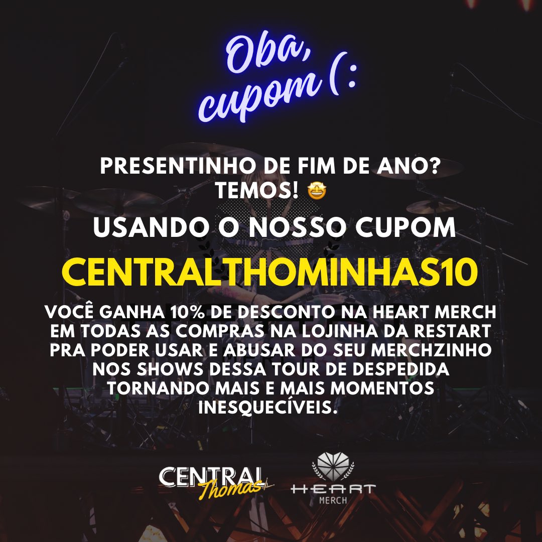 acentralthomas's tweet photo. NOVIDADE NA ÁREA, TÁ? 
Agora a nossa Central tem um cupom pra chamar de meu. 
Usando o nosso cupom CENTRALTHOMINHAS10 você ganha 10% de desconto em qualquer produto da Loja da Restart e em qualquer compra e por tempo indeterminado. Maravilhoso né? https://t.co/rhAd3trKDI
