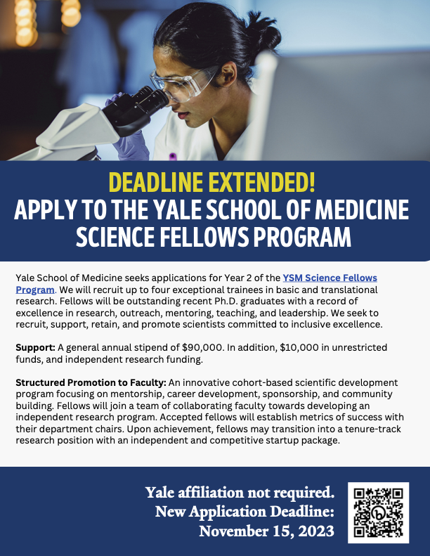 Deadline extended to Nov. 15! Apply to the Yale School of Medicine Science Fellows Program! We are recruiting exceptional trainees from diverse backgrounds in the basic and translational fields. Check out the information session and FAQ on our website. Please share widely!