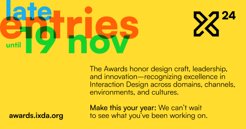 IxDAwards's tweet photo. Did you miss getting in under the wire yesterday as our Regular Entry deadline closed? Well, we have some good news. 

You can still enter during our Late Entry period — from now through 19 November. 

Go for it, get it done!

https://t.co/zLNK4lAz9b