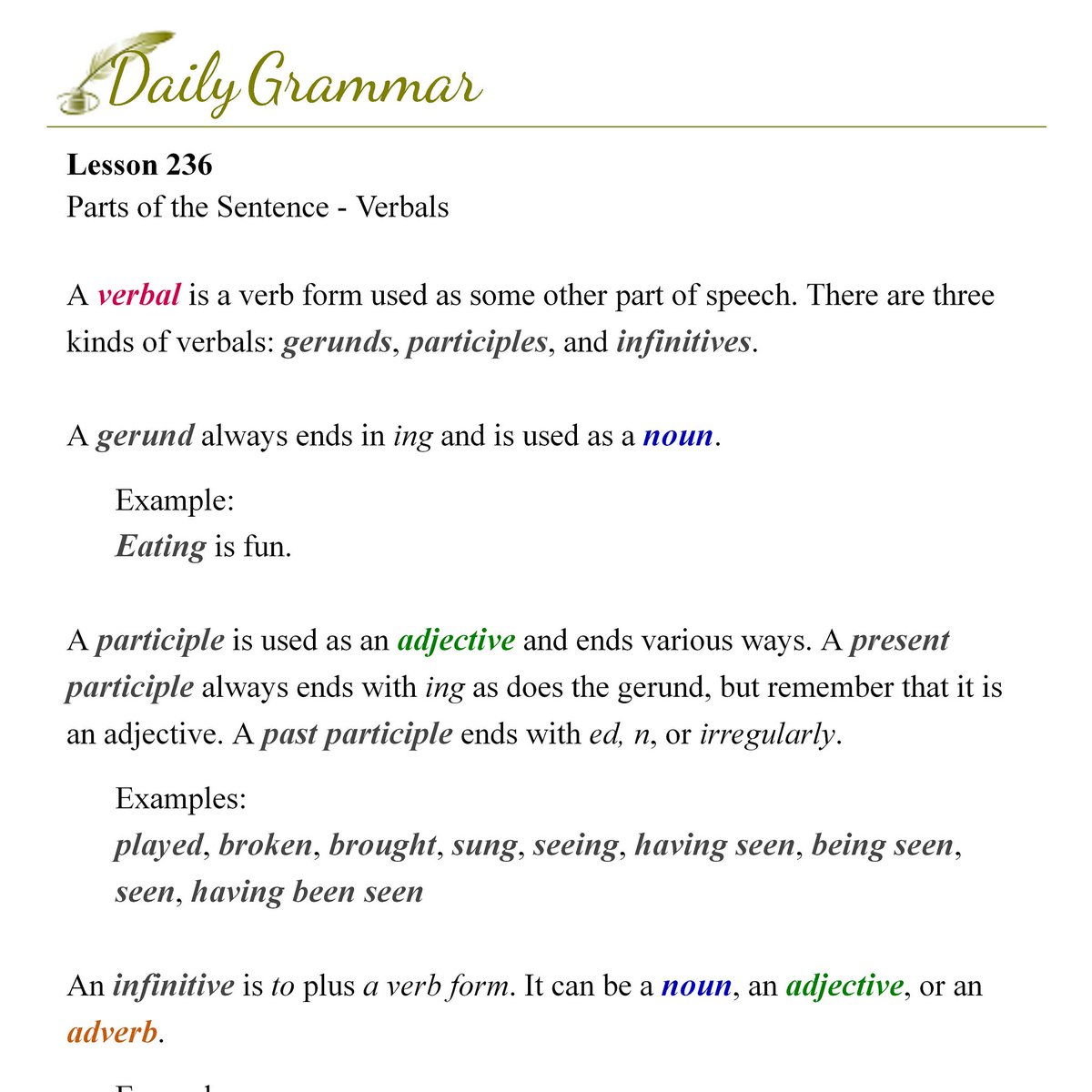 grammar_daily's tweet photo. Lesson 236 - Today's lesson will ask you to identify gerunds, gerund phrases, participles, participial phrases, infinitives, and infinitive phrases.
https://t.co/9UZq4GmDqG https://t.co/WPzUA8u5XN