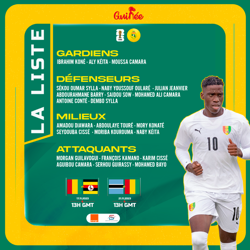 fgfofficiel's tweet photo. La liste des 2️⃣3️⃣ joueurs retenus par 𝘾𝙤𝙖𝙘𝙝 𝙆𝙖𝙗𝙖 pour les deux premières journées des éliminatoires de la coupe du monde 2026

#FGF | #CONORFGF | #SyliNational | #GbinGbinSo | #WC2026Q
