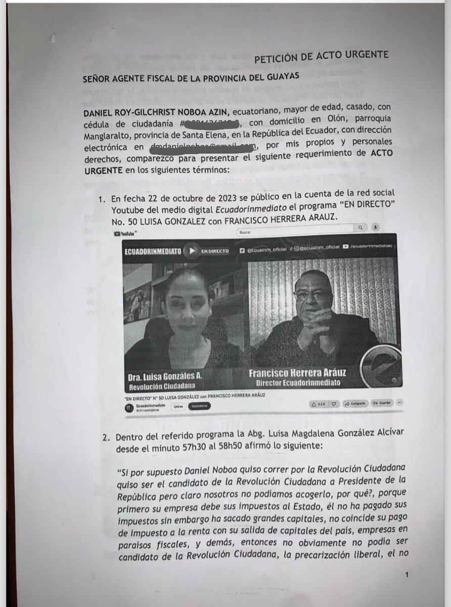 ecuainm_oficial's tweet photo. ‼️#URGENTE
Presidente Daniel Noboa solicitó una acción urgente a Fiscalía para que se realice una pericia informática sobre declaraciones de @LuisaGonzalezEc. En la solicitud señala que González lo acusa de presuntos actos ilícitos, por lo que procederá a presentar la denuncia. https://t.co/nXRJ2CyBVW