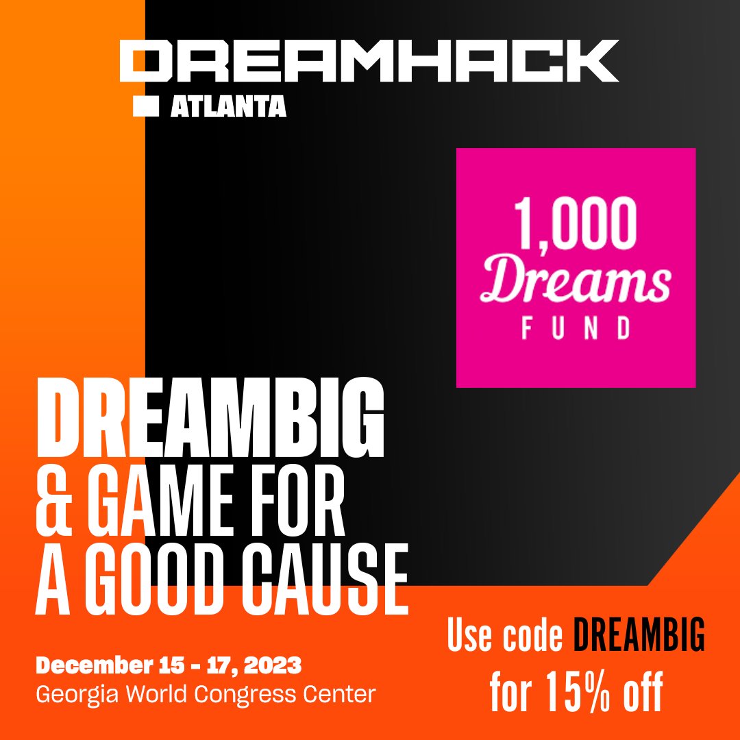 1000DreamsFund's tweet photo. We're SO EXCITED to be heading to @DreamHack ATL with our community for the Charity Corner and we're DREAMING BIG! 

We're teaming up with @LANFESTgames and other wonderful charities for the Dream Big Initiative. Support diverse communities in gaming AND attend a festival to remember.

🎟️Use code ""DREAMBIG"" and receive 15% OFF your DreamHack tickets
📝50% of ticket proceeds will support the Charity Corner!
🔗https://t.co/U3z42OpUTT