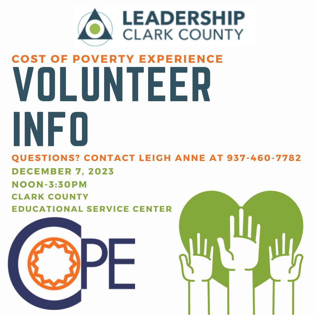 ClarkCoLeader's tweet photo. Volunteers are needed for our annual COPE presented by Think Tank, Inc. on December 7, 2023.
#leadershipclarkcountyohio #COPE #ThinkTank #costofpovertyexperience #volunteer
https://t.co/CJ0cxBILcU https://t.co/QvZoD7JaQ5