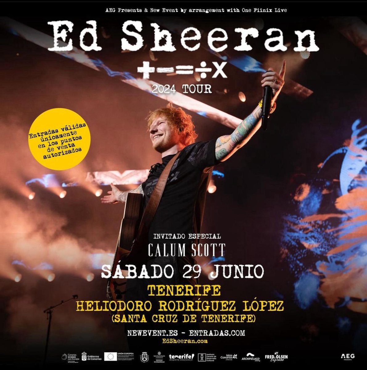 ¡<a href="/edsheeran/">Ed Sheeran HQ</a> VUELVE A ESPAÑA! ‼

👉🏼 Pasará por Tenerife el 29/06 con su "Mathematics Tour" en 2024 con <a href="/calumscott/">Calum Scott</a> como invitado especial ⚡

🎟️ Entradas disponibles este viernes 10/11 a partir de las 11:00h (hora peninsular) en edsheeran.com

#EdSheeran #Tour #Live
