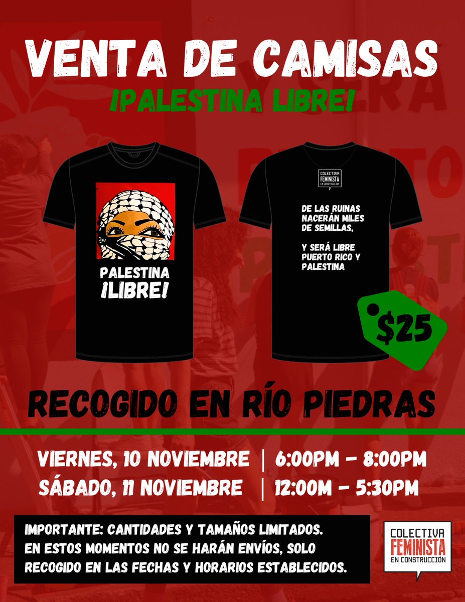 ¡Palestina Libre! 🇵🇸

Como parte de nuestros trabajos en solidaridad con Palestina estaremos vendiendo una camiseta que incluye el mensaje: 
DE LAS RUINAS 
NACERÁN MILES 
DE SEMILLAS

Y SERÁ LIBRE 
PUERTO RICO Y 
PALESTINA. 

1/2