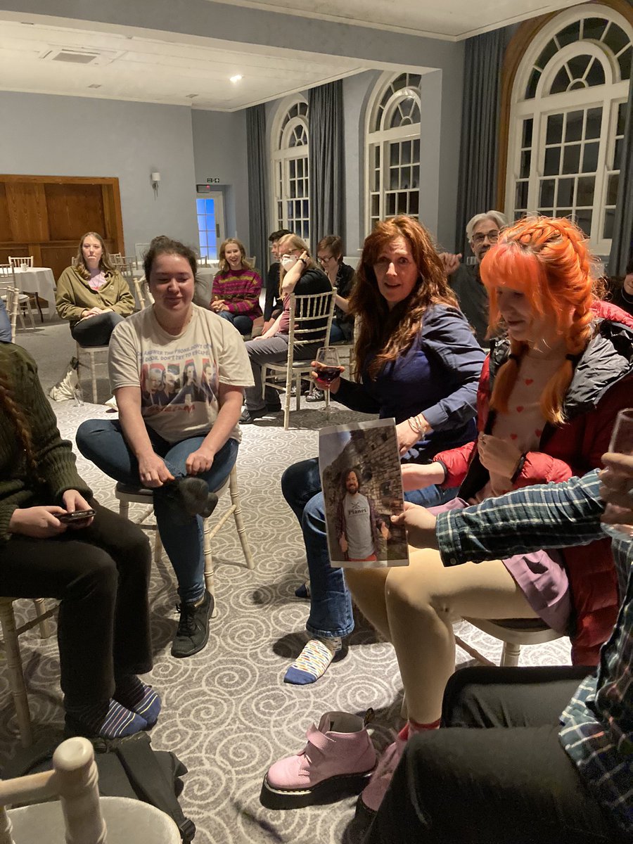 ectoann's tweet photo. #writingretreat2023 @AberEnglishDept @coruthers 
the common denominators won  tonights quiz @eConfessio happy at last. Socksy Ladies get the prize for name yahhhh https://t.co/h0TYtK7uGp