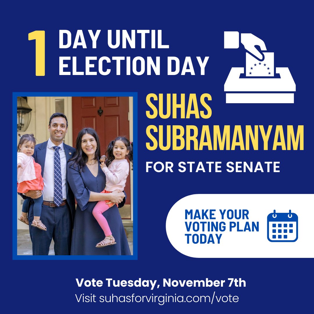 SuhasforVA's tweet photo. Virginia: There are only 12 hours until the polls open! This election is too important to sit on the sidelines. Grab a friend, and head to the polls between 6AM and 7PM tomorrow. #keepLoudounblue #1dayout 🗳️ https://t.co/kqpO5PFKqC