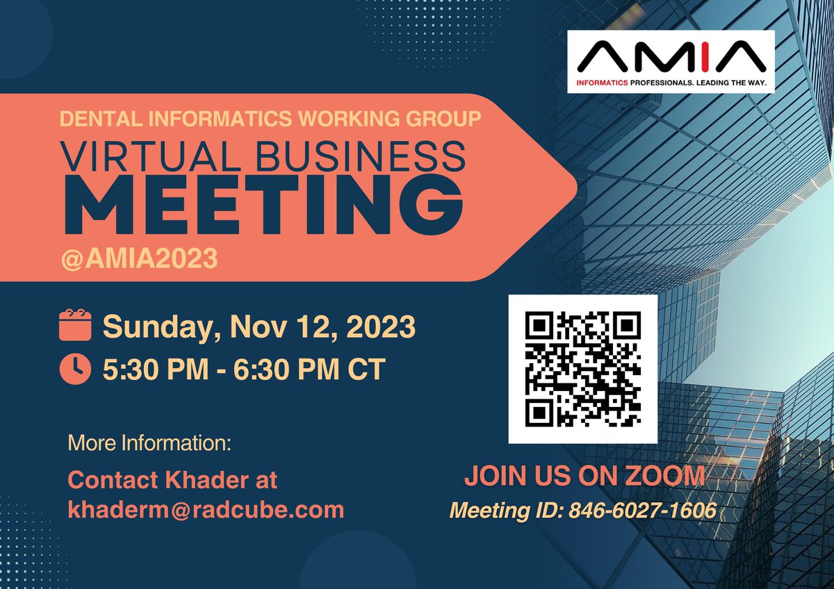 Mark Your Calendars! The <a href="/AMIA_DIWG/">AMIA Dental Informatics WG</a> (Dental Informatics Working Group) is going virtual at this year's #AMIA2023. Join us on Sunday, Nov 12, 5:30pm CT. Join us!