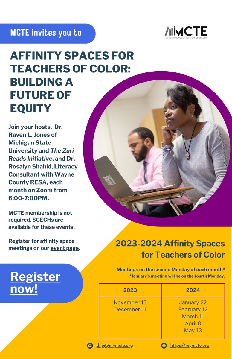 MCTE_MI's tweet image. Teachers of Color: 
Join Dr. Raven L. Jones of MSU &amp;amp; The Zuri Reads Initiative and Dr. Rosalyn Shahid, Wayne County RESA Literacy Consultant this year in affinity spaces.

Register here --&amp;gt;
mymcte.org/events/ #NCTEVillage #Miched