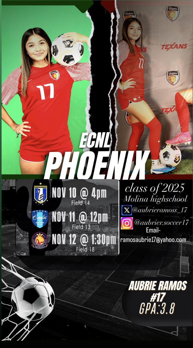 Cant wait to compete in the Phoenix showcase this weekend ! Come out and watch my team and I play ! @TexansECNL06 @ImYouthSoccer @PrepSoccer @ImCollegeSoccer @Miseleccionfem @OU_WSoccer @MeanGreenSoccer @UTEPSoccer @MiamiOH_Soccer @MolinaHigh @coach_balderas