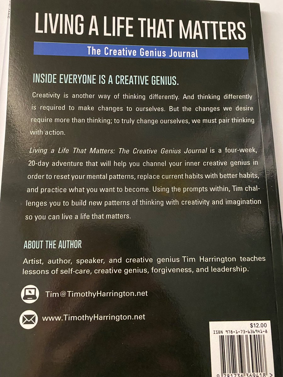 timteamresource's tweet photo. Everyone is a creative genius. In this journal, you'll find a 20-day adventure that will bring out the best in you. Creativity is critical to living a life that matters. Here is the back cover of my book.

#Journaling #BetterHabits #CreativeGenius #Genius #Creativity #JohnCleese https://t.co/RTG0ilzB4B