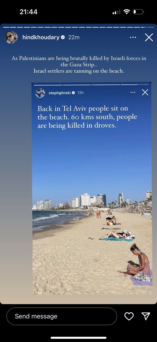 mohammadfff_'s tweet photo. we live in an insane dystopian world 

just tens of kilometres apart israel commits a weeks long genocide whilst its citizens chill on the beach as if life is normal https://t.co/yFxrcpM9mq