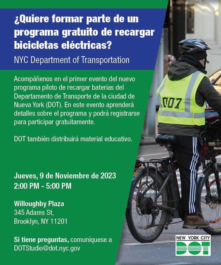 Atenta invitación para todos los Repartidores De Comida en New York a informarse sobre el programa piloto sobre Los sitios para cargar Baterías en La ciudad de Nueva York...Este jueves 9 de noviembre en Brooklyn de 2pm a 5pm ....
