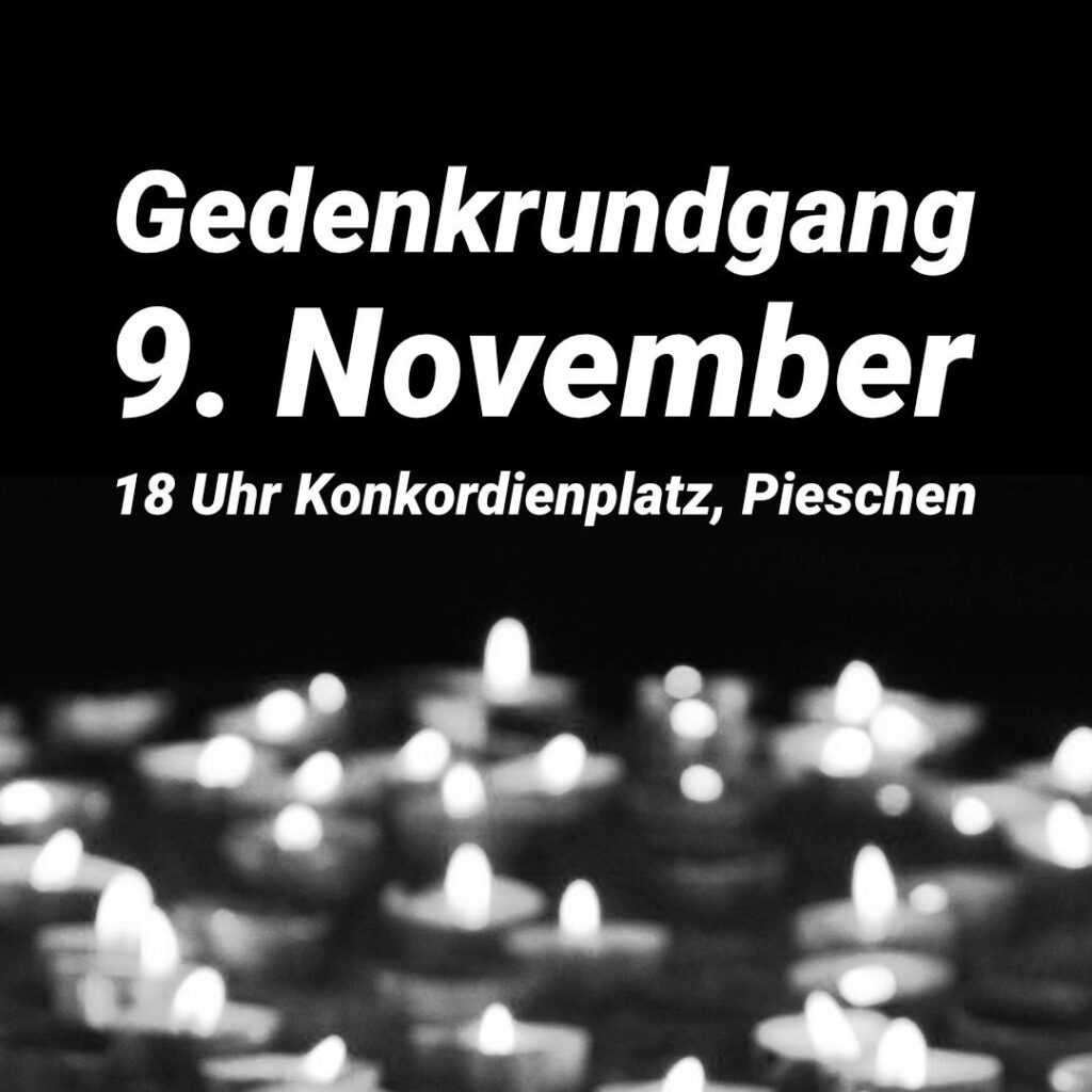 Zum Gedenken an die Opfer der Novemberpogrome begehen wir am 9. November einen Gedenkrundgang durch Pieschen. Weitere Infos: iz-dresden.org/de/gedenkrundg… Organisiert vom IZ und der Stadtteil Vernetzung Pieschen.