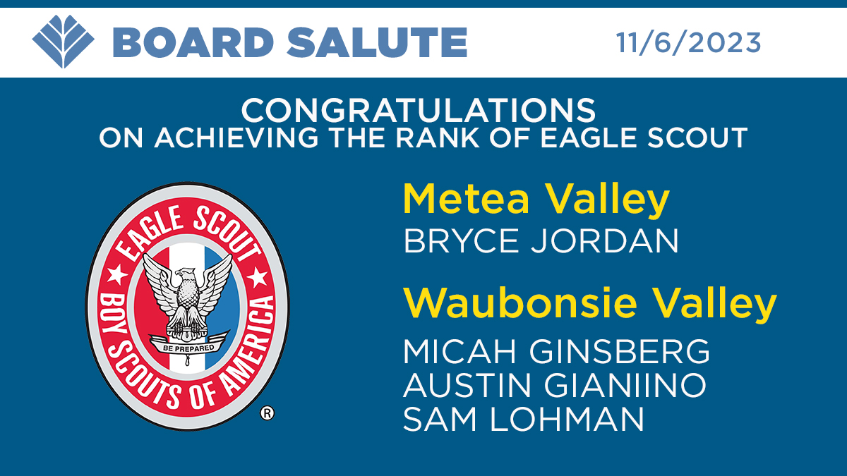 ipsd204's tweet photo. Congratulations to Bryce Jordan from @MeteaValley and Micah Ginsberg, Austin Gianino, and Sam Lohman from @WaubonsieValley on achieving the rank of Eagle Scout, the highest achievement in scouting! #boardsalute https://t.co/Zn8QgmBjuO