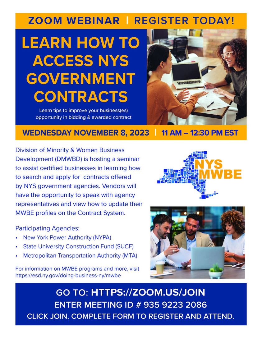 The Division of Minority & Women Business Development (DMWBD) is hosting a webinar for MWBE vendors titled, 'How to Access NYS Government Contracts' this Wednesday, November 8th from 11am – 12:30pm.  To register, visit bit.ly/mwbenov8. #dmwbd #mwbe #nysmwbe