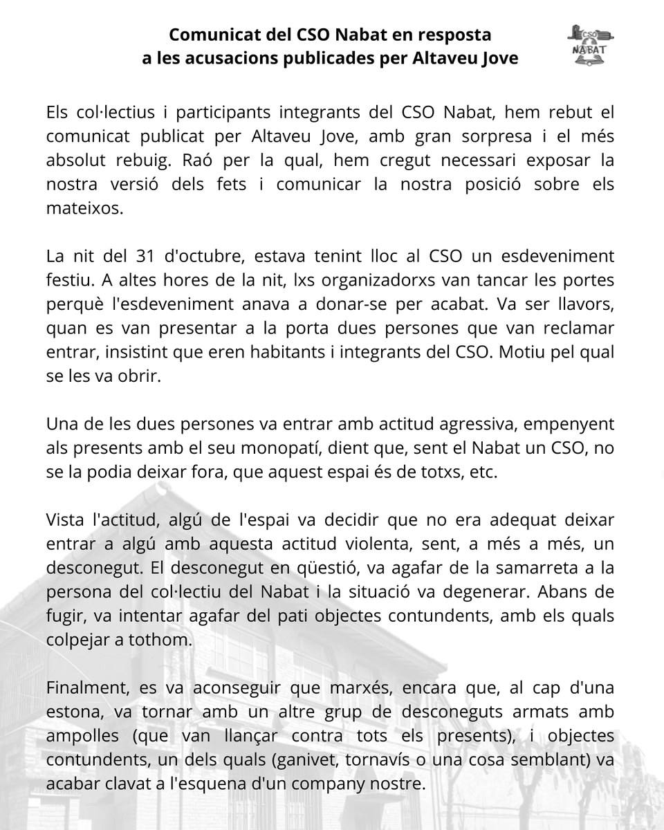 csonabat3's tweet photo. ⚠️ Comunicat del CSO Nabat en resposta a les acusacions publicades per Altaveu Jove ⚠️

El passat dimecres 1 de novembre, van ocórrer uns fets gravíssims al nostre espai. En el següent comunicat, expliquem que va succeir i les mesures que hem pres al respecte.

👇👇 https://t.co/zBdgOfobmi