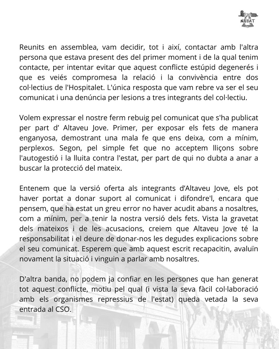 csonabat3's tweet photo. ⚠️ Comunicat del CSO Nabat en resposta a les acusacions publicades per Altaveu Jove ⚠️

El passat dimecres 1 de novembre, van ocórrer uns fets gravíssims al nostre espai. En el següent comunicat, expliquem que va succeir i les mesures que hem pres al respecte.

👇👇 https://t.co/zBdgOfobmi