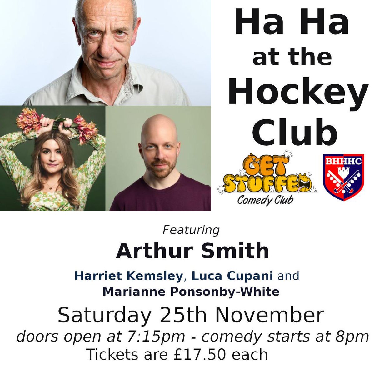 Our annual Ha Ha at the Hockey Club is coming soon, don’t miss out on tickets featuring @ArfurSmith @harrietkemsley @lucacupani @ponsonby_white #comedynight #berkohockeyclub @tringefestival