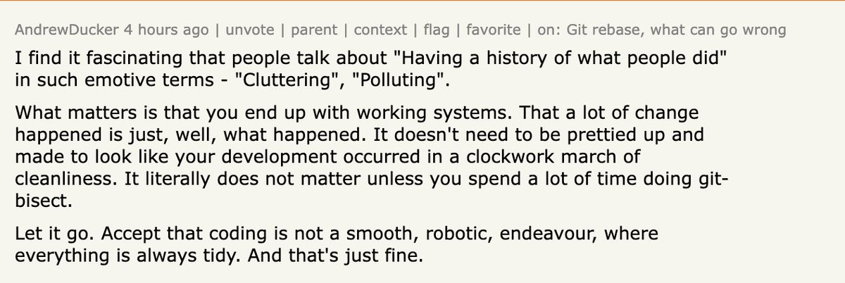 theo's tweet photo. HN is having the "git rebase" discourse again. I liked this comment a lot https://t.co/epBhiNEeb3