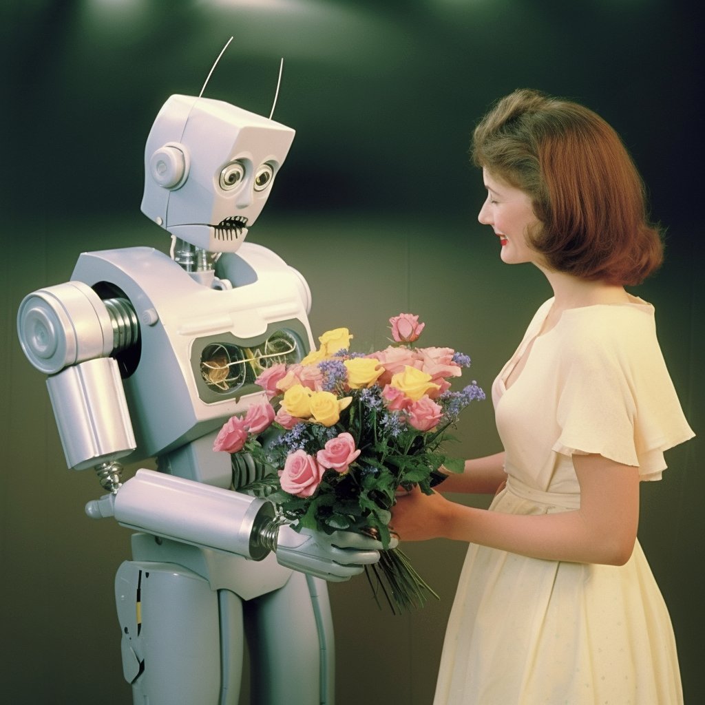 fatbits's tweet photo. It took 7 months for Solenoid to get the courage to give Soledad a bouquet and express his true feelings for her, but Soledad said she just wanted to keep being friends. #AI #AIPhotography #AIArtwork #HumansAndRobots https://t.co/j6TrZKVTBH