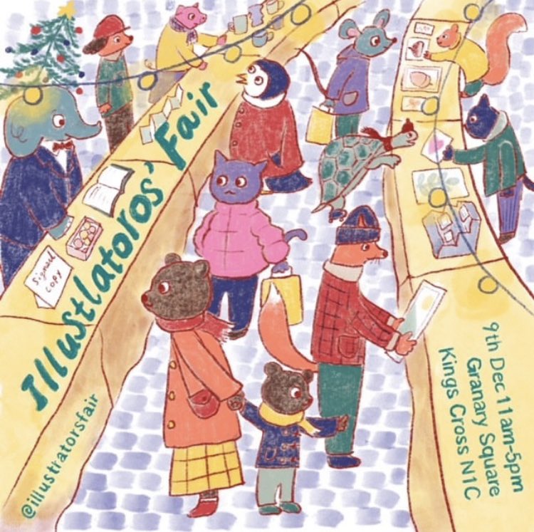 This flyer advertising Illustrators’ Fair has been created by @takakodraws
#festivalofflyers is a celebration of contemporary illustration with many of those taking part in the next #illustratorsfair23 at <a href="/kingscrossN1C/">King's Cross, N1C</a> on Saturday 9th December contributing to the designs.