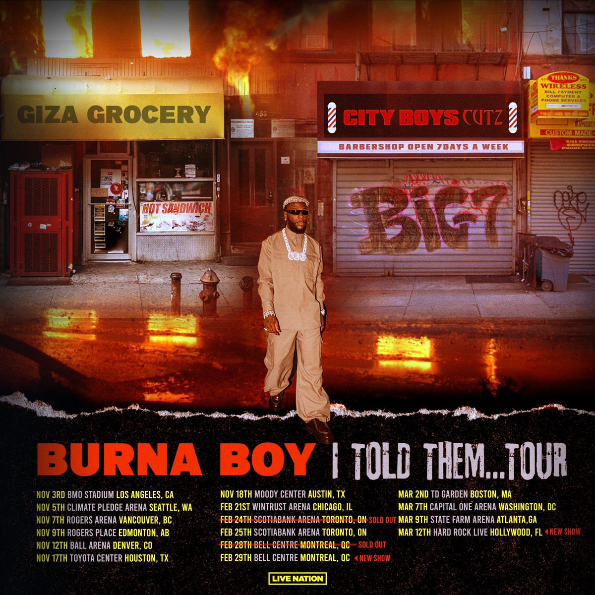 Burna Boy's I Told Them Tour for November; 03/11 - BMO Stadium, Los Angeles ✅ 05/11 - Climate Pledge Arena, Seattle✅ 07/11 - Rogers Arena, Vancouver 09/11 - Rogers Place, Edmonton 12/11 - Ball Arena, Denver 17/11 - Toyota Center, Houston 18/11 - Moody Center, Austin TKTS: 🫵🏿…