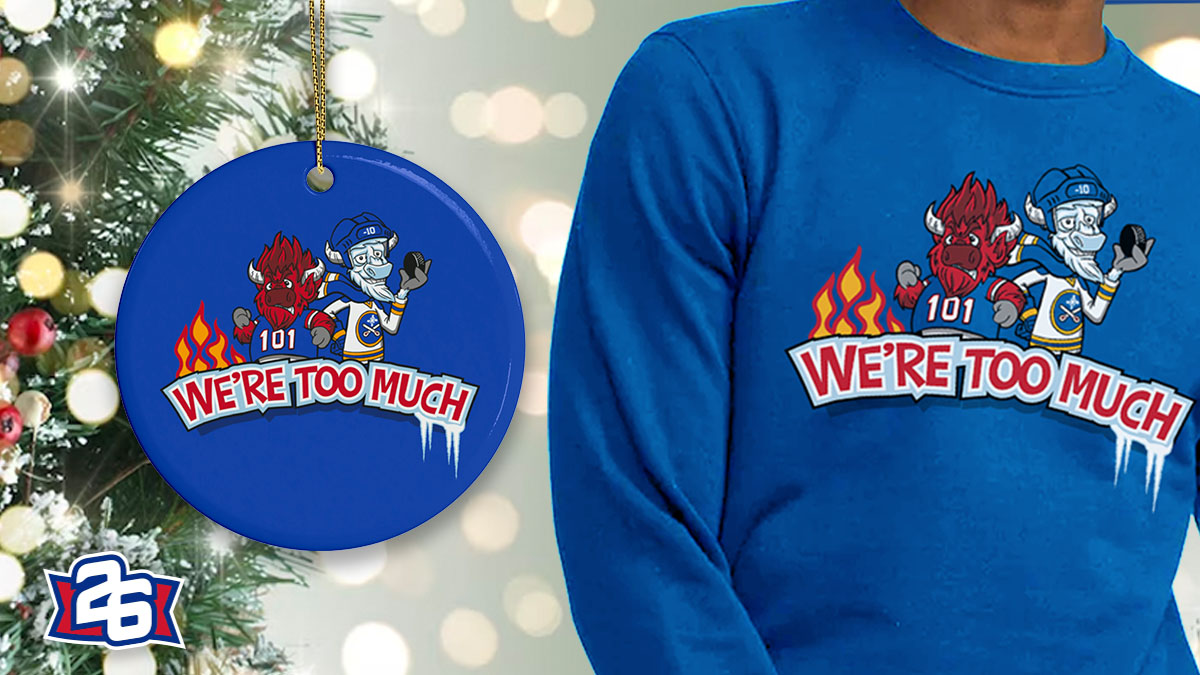 26shirts's tweet photo. NEW Special Edition "We're Too Much" available for a limited time only! Grab this design (also available as an ornament!) and help support the Family of Teresa Nosky: https://t.co/PK7Mb0VLsS #BillsMafia #LetsGoBuffalo https://t.co/hQotfNfgxE