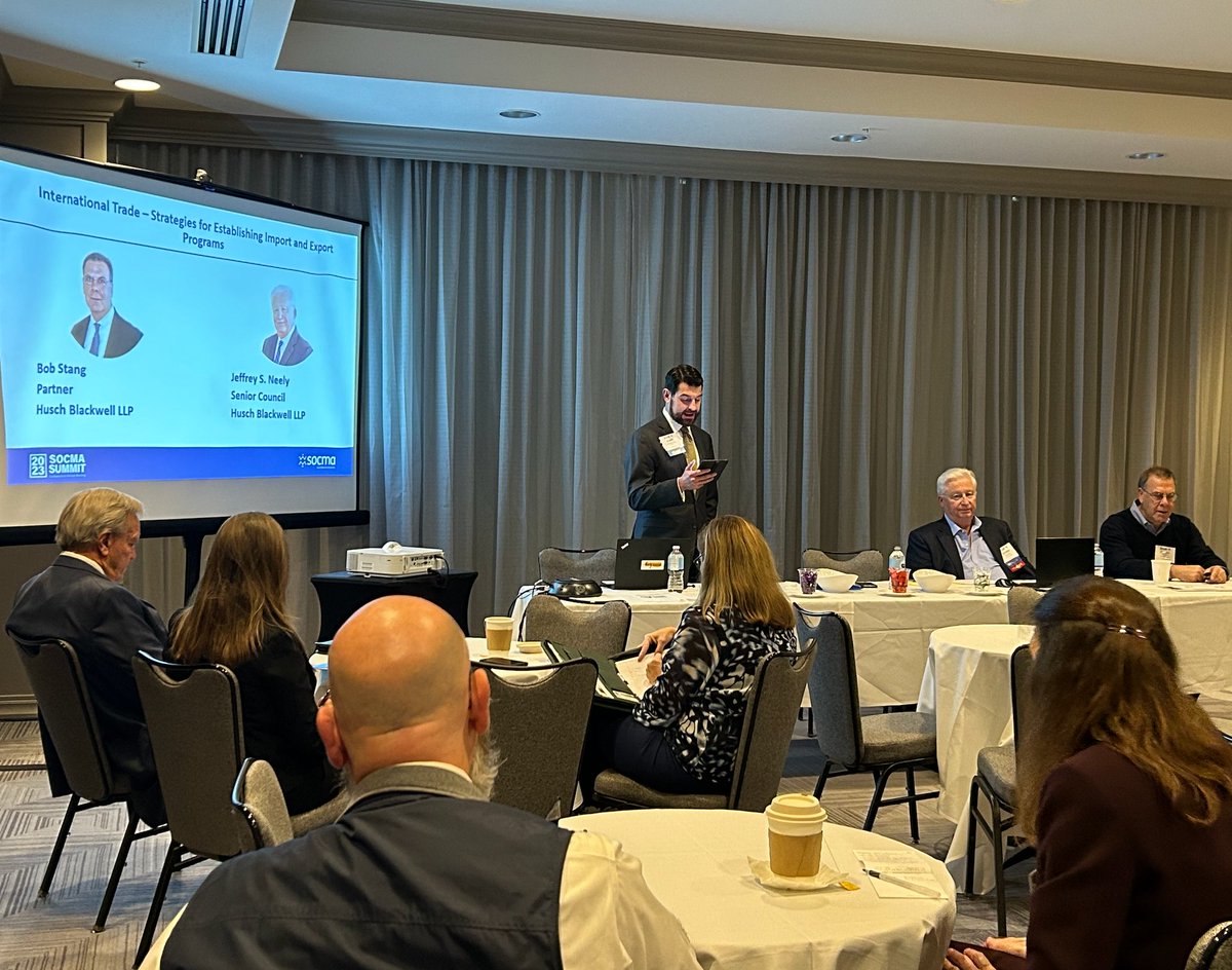 socma's tweet photo. A discussion with Bob Stang and Jeff Neeley of Husch Blackwell on establishing an import and export program tailored to the specialty chemical manufacturing industry. Providing a concrete understanding of the common import and export challenges and solutions. #socmasummit https://t.co/tWWZrRe5ad