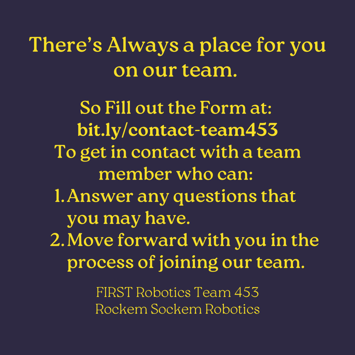 FRCteam453's tweet photo. Interested in Robotics, CAD, Manufacturing, or Business? Enhance your skills this year! Join our team by filling out the form below: 
https://t.co/MsvSoDGv1a. 

#math #Science #technology #CTE #careerandtechnicaleducation #firstrobotics #firstroboticscompetition https://t.co/aMbwBG5SfL
