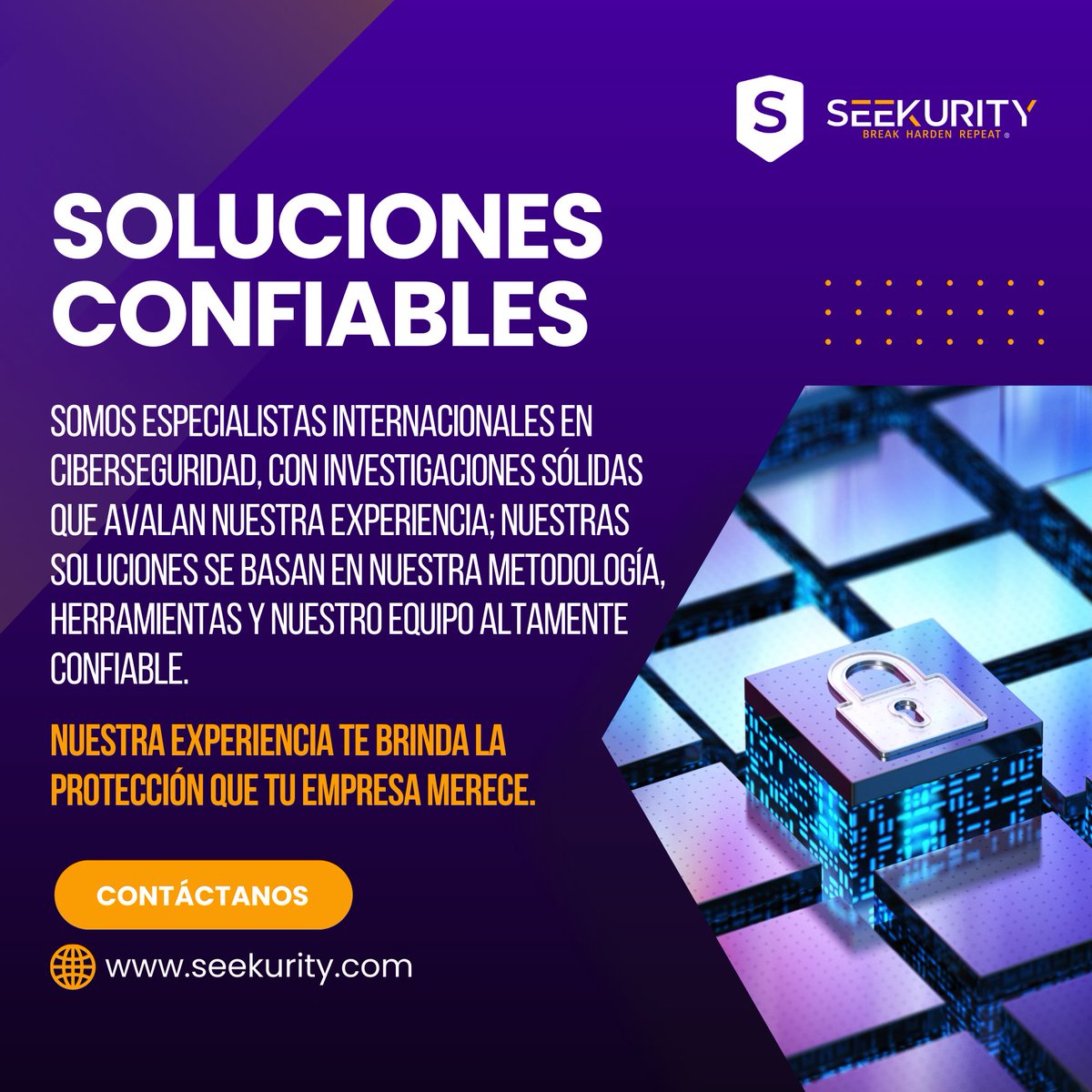 Nuestras soluciones en ciberseguridad protegen tu negocio con experiencia y confianza. Contáctanos en: seekurity.com/es/contactanos 🔒💼 🛡️ #Seekurity #ciberseguridad #seguirdadempresarial