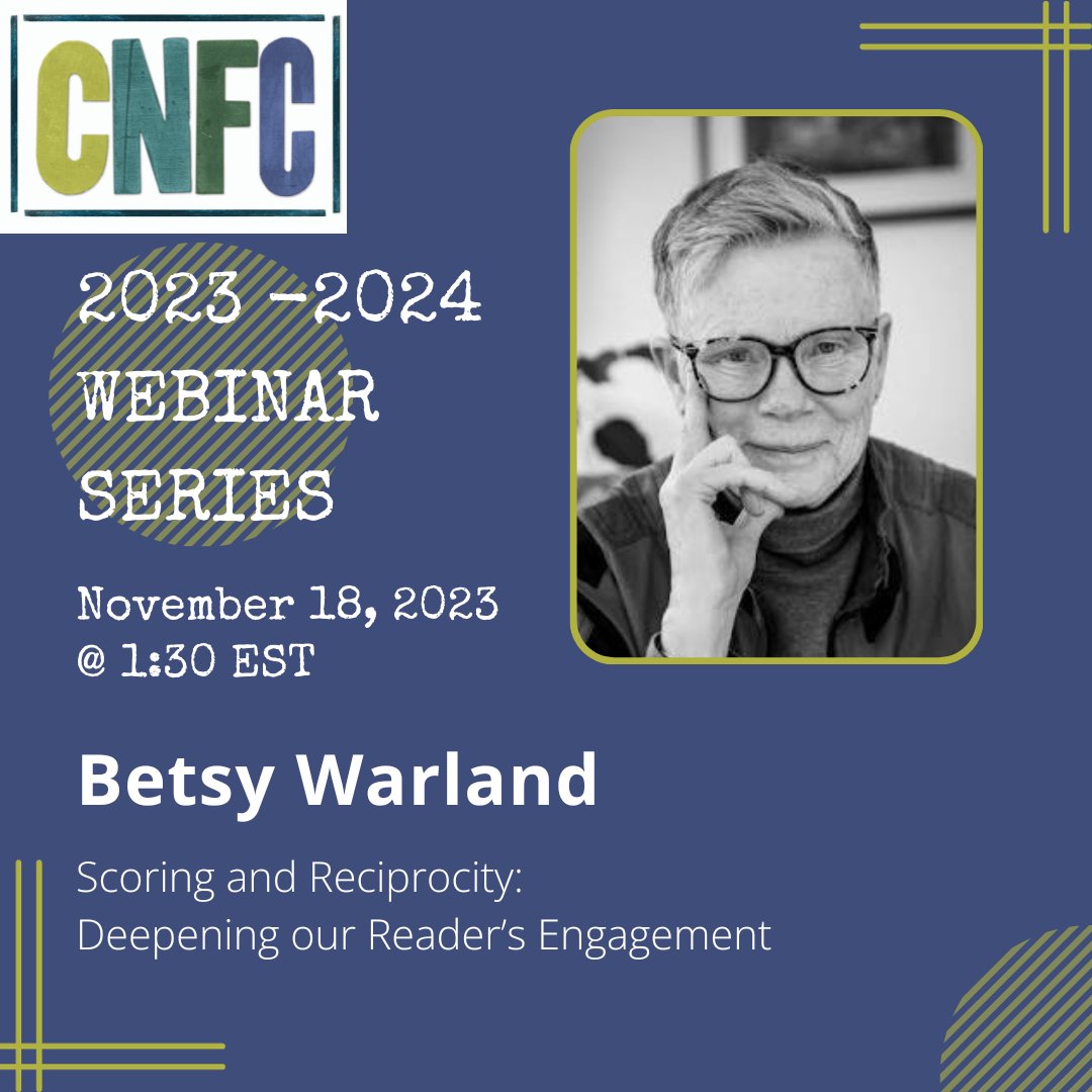 Join us for our next webinar on Saturday Nov 18 when @BetsyWarland will talk about techniques writers can use to deepen readers' engagement with their work. Register here: …tioncollectivesociety.wildapricot.org/event-5460505