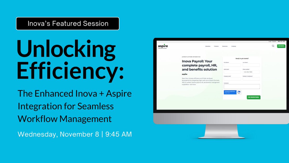 InovaPayroll's tweet image. Attending the Aspite IGNITE! Conference? Join Inova for a groundbreaking session - &quot;Unlocking Efficiency: The Enhanced Inova + Aspire Integration for Seamless Workflow Management.&quot;

Don&apos;t miss this chance to revolutionize your workflow! 🌟 #SeamlessIntegration #WorkflowEfficiency