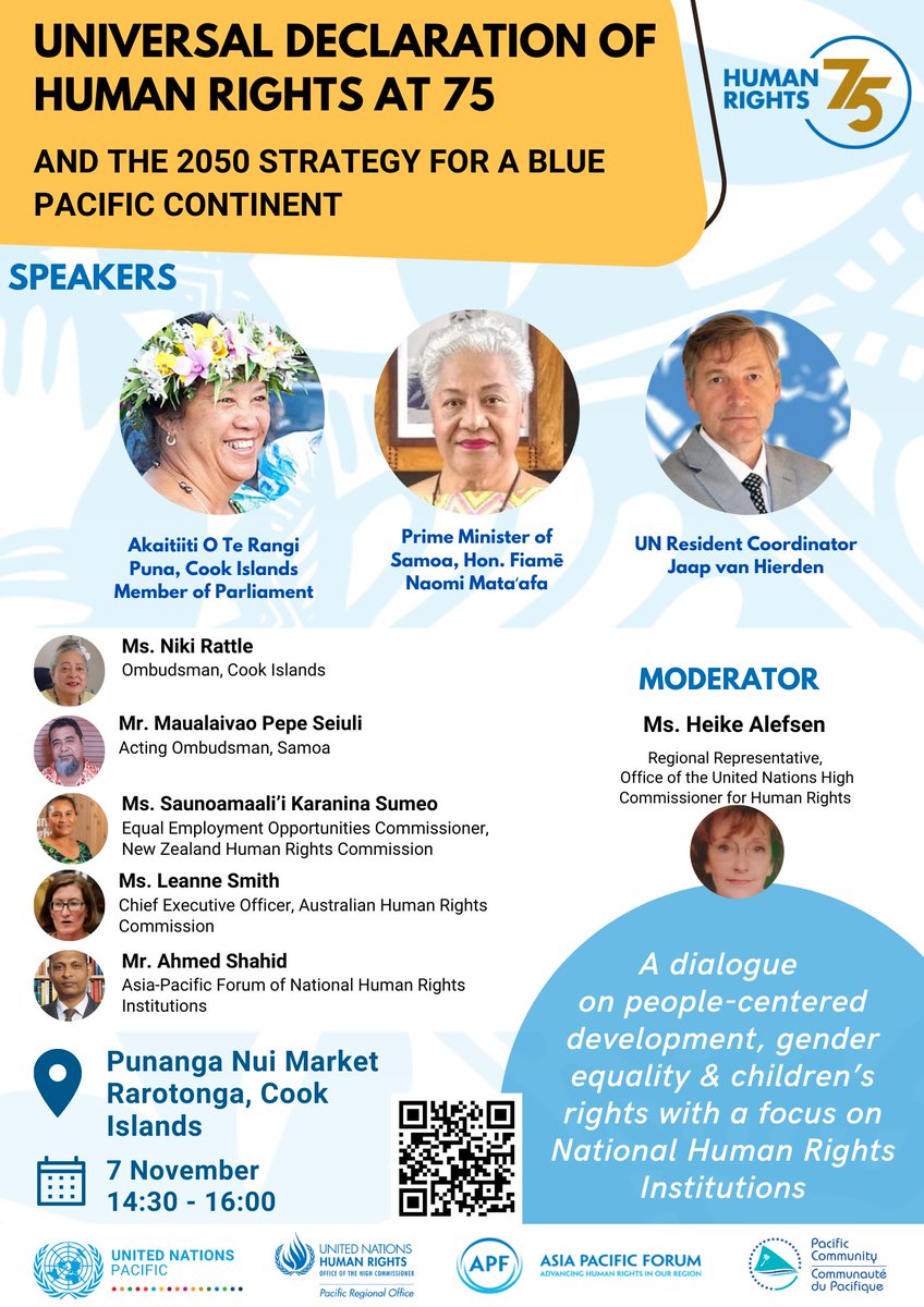 Join us tomorrow at the #PIFLM52 Pavilion to celebrate #HumanRights75 with Pacific and UN partners and our dialogue on National Human Rights Insitutions’ role in promoting people-centred development #Pacific2050
📅7 November 2.30pm Cooks Islands time (8 November 12.30 Fiji time)