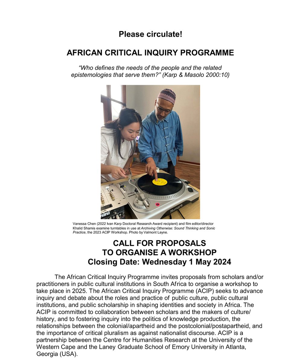 Call for Proposals: African Critical Inquiry Programme Workshop

For detailed information:
museumanthropology.org/call-for-propo…