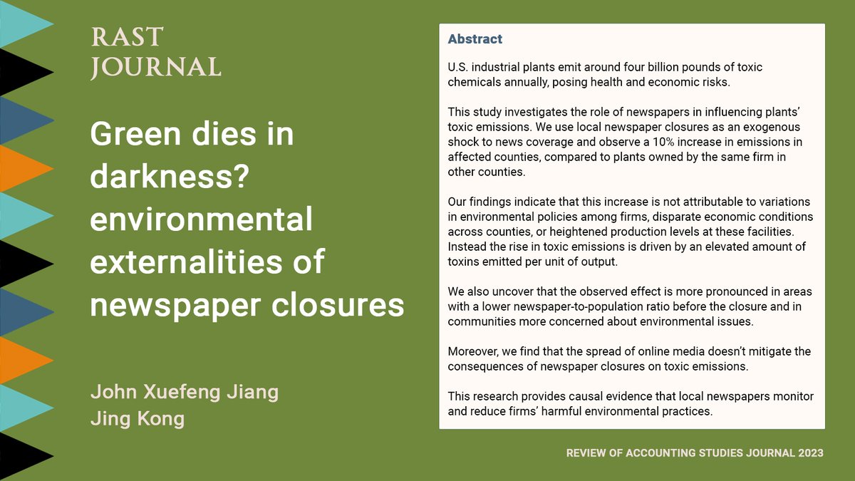 RastJournal's tweet image. New research by John Xuefeng Jiang (@JohnXJiang1 @MSUBroadCollege) and Jing Kong (@UMDearbornCOB) reveals that when local newspapers shut down, toxic emissions from nearby industrial plants rise by 10%: bit.ly/3Sui9b5

#EnvironmentalAccountability #LocalJournalismMatters