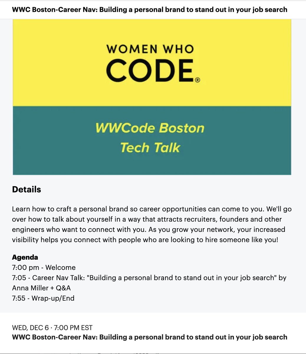 Join us on Dec.6 at 7pm for our next online event:

meetup.com/women-who-code…

#womenwhocode #womenintechnology #womenintech #womeninstem #jobsearch #layoffs #career