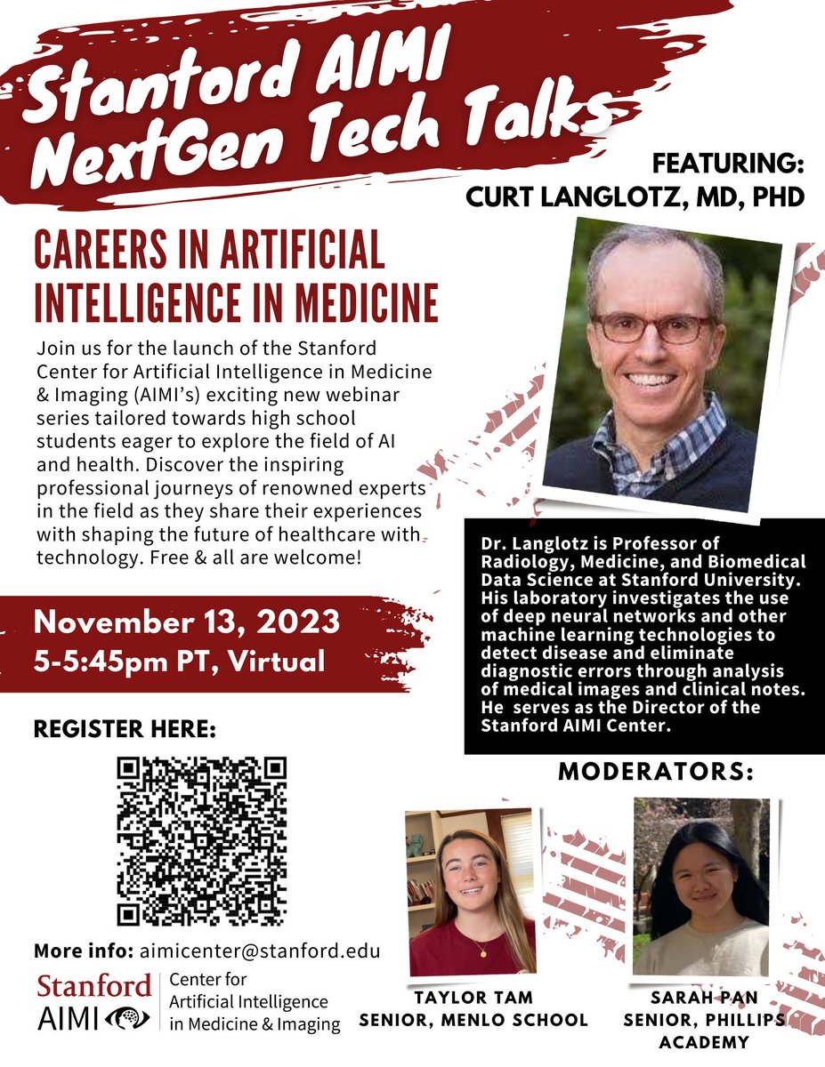 Join us on Nov 13th for our first-ever AIMI NextGen Tech Talk ft. @curtlanglotz ! This webinar series is for high school students looking to learn more about the professional journeys of renowned experts in the field of AI and medicine. More info here: aimi.stanford.edu/engage/student…