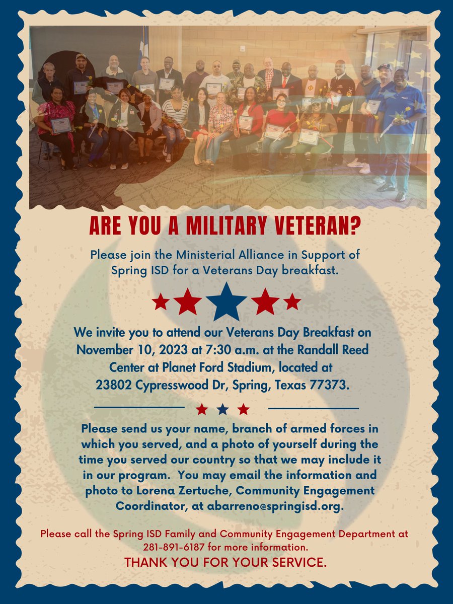 SpringISD_FACE's tweet image. Are you a Military Veteran in the @SpringISD community?  Join the Ministerial Alliance in Support of Spring ISD this Friday as we honor you at Randall Reed Center at Planet Ford Stadium, 23802 Cypresswood Dr. Spring, TX 77373. For more information call 281-891-6187.  #WeAreSpring