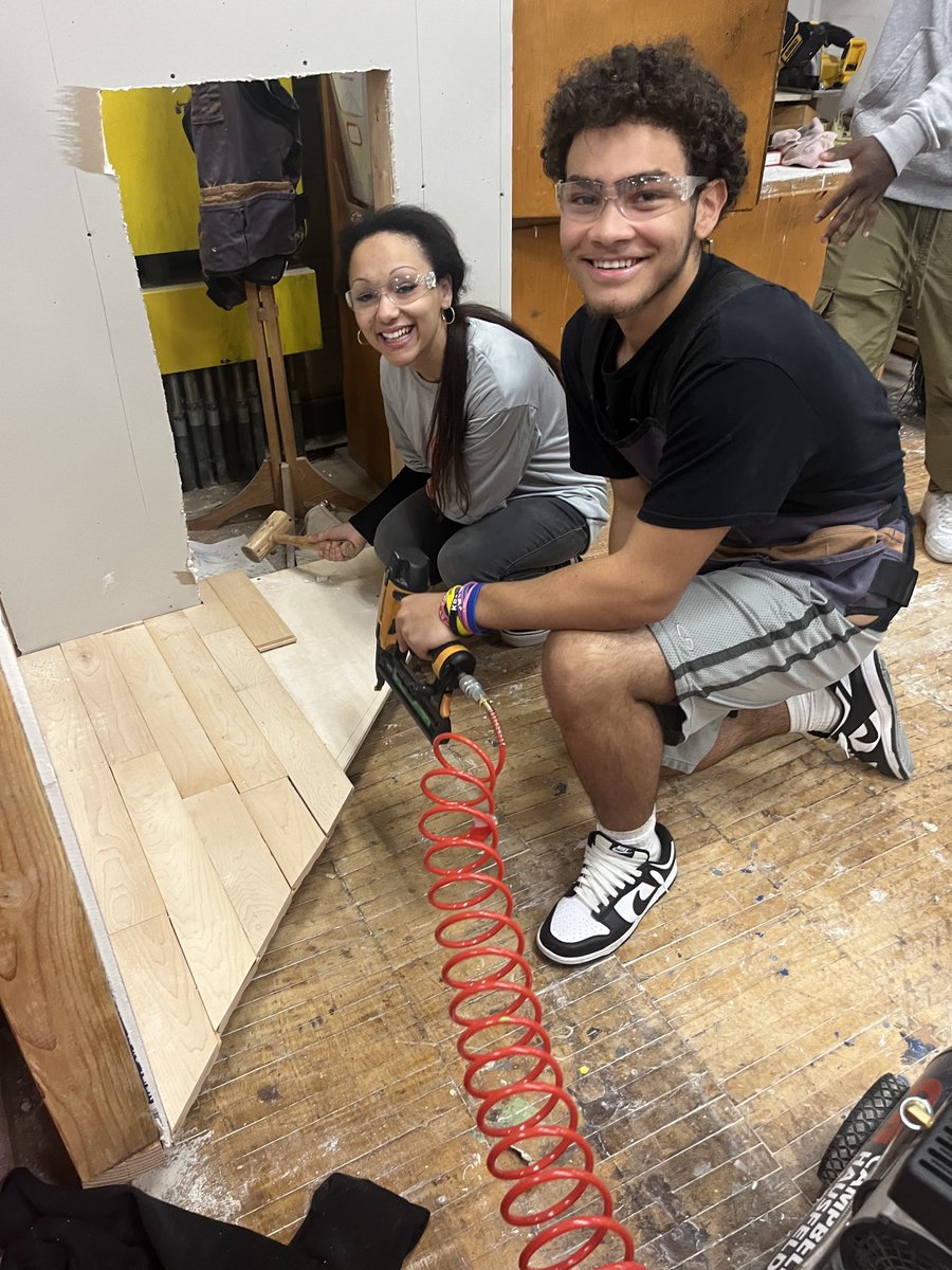 Building and Construction students Ja’Zaiah Moreno and partner Marion Scott working on installing their tongue and groove white oak floor.  These two contractors are doing amazing work I would highly recommend both.