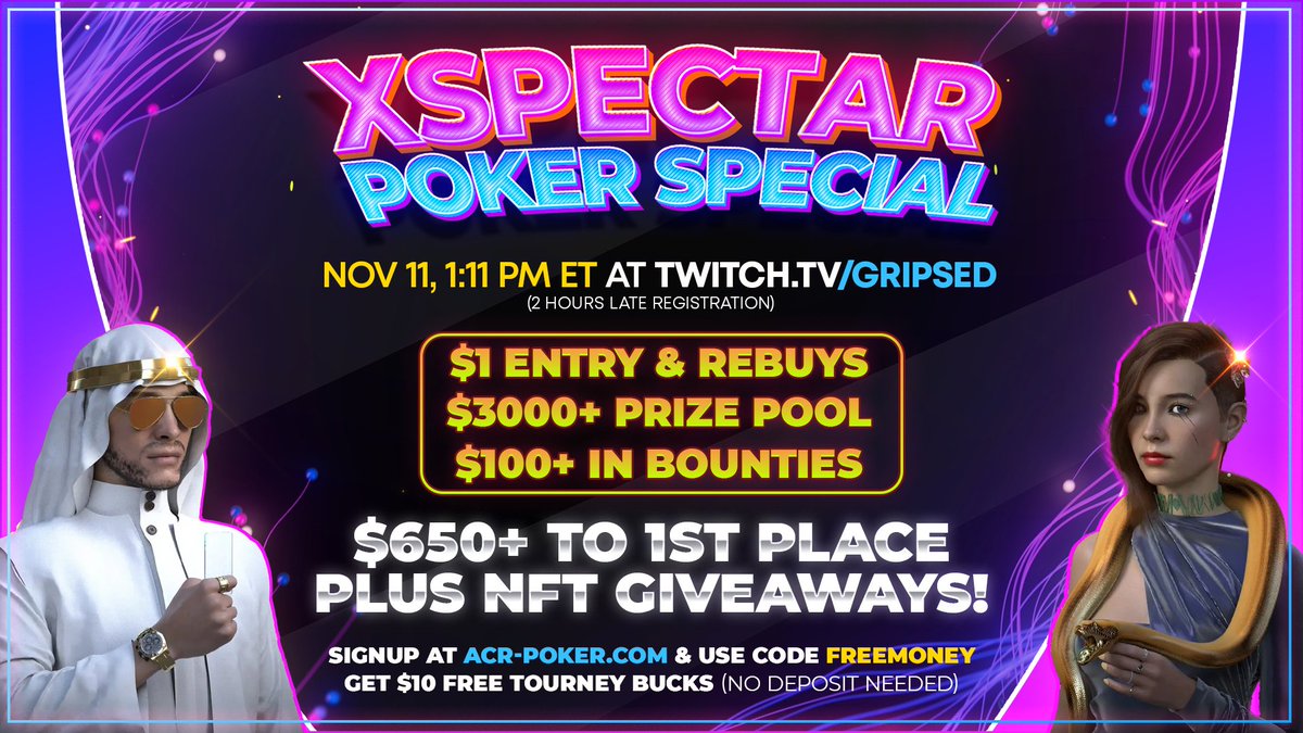 Gripsed's tweet image. 🃏$3000 @xspectar Poker Freeroll!🃏
🗓Nov 11, 1:11 PM ET (2 Hour Late Reg)
💸Plus We're Giving Away 111 XRP💸
🤑Retweet To Enter the Giveaway😎

🏆To Play the Poker Game👇
🥇Signup acr-poker.com
🥈Use Referral code FREEMONEY
🥉DM @Gripsed to get $10 Free (New Accounts)