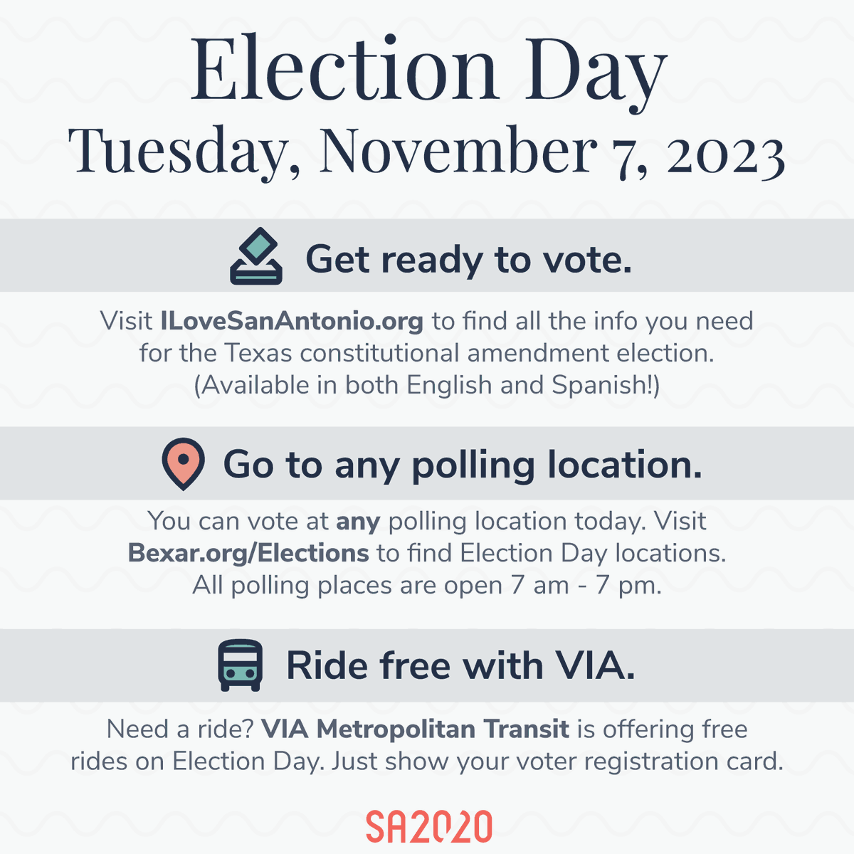 SA2020 (@sa2020) on Twitter photo It's Election Day, San Antonio! On the ballot: 14 proposed amendments to the Texas constitution, <a href="/sanantonioriver/">San Antonio River Authority</a> board seats, and some local municipality & ISD positions.
Learn more: ILoveSanAntonio.org
Find a polling place: Bexar.org/Elections
Get a ride: <a href="/VIA_Transit/">VIA Metro Transit</a> It's Election Day, San Antonio! On the ballot: 14 proposed amendments to the Texas constitution, <a href="/sanantonioriver/">San Antonio River Authority</a> board seats, and some local municipality & ISD positions.
Learn more: ILoveSanAntonio.org
Find a polling place: Bexar.org/Elections
Get a ride: <a href="/VIA_Transit/">VIA Metro Transit</a>
