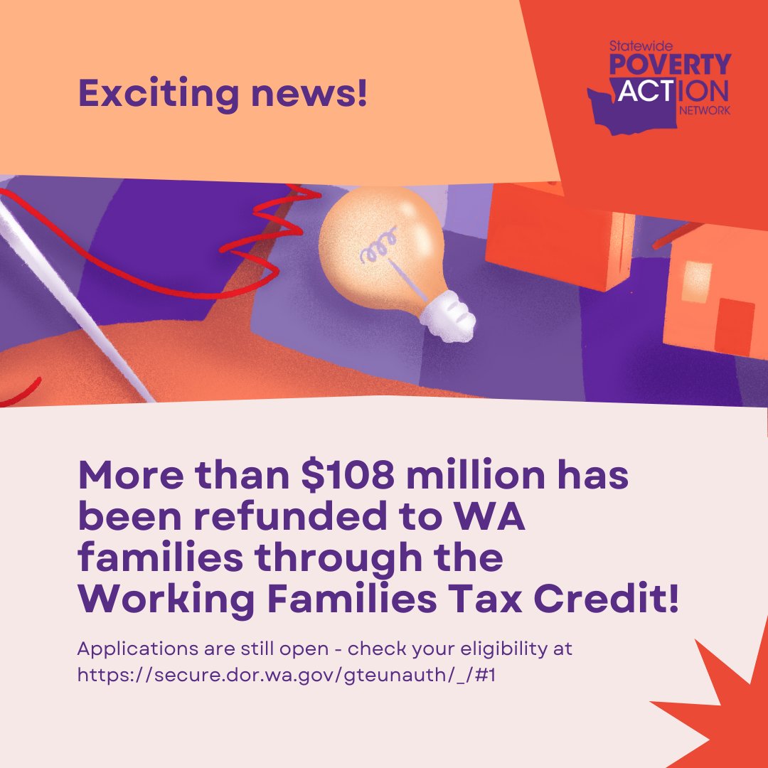 povertyactionwa's tweet image. Exciting news: More than $108 million has been refunded to WA families through the Working Families Tax Credit
Even more exciting news: Applications for the credit are still open! Check your eligibility at secure.dor.wa.gov/gteunauth/_/#1