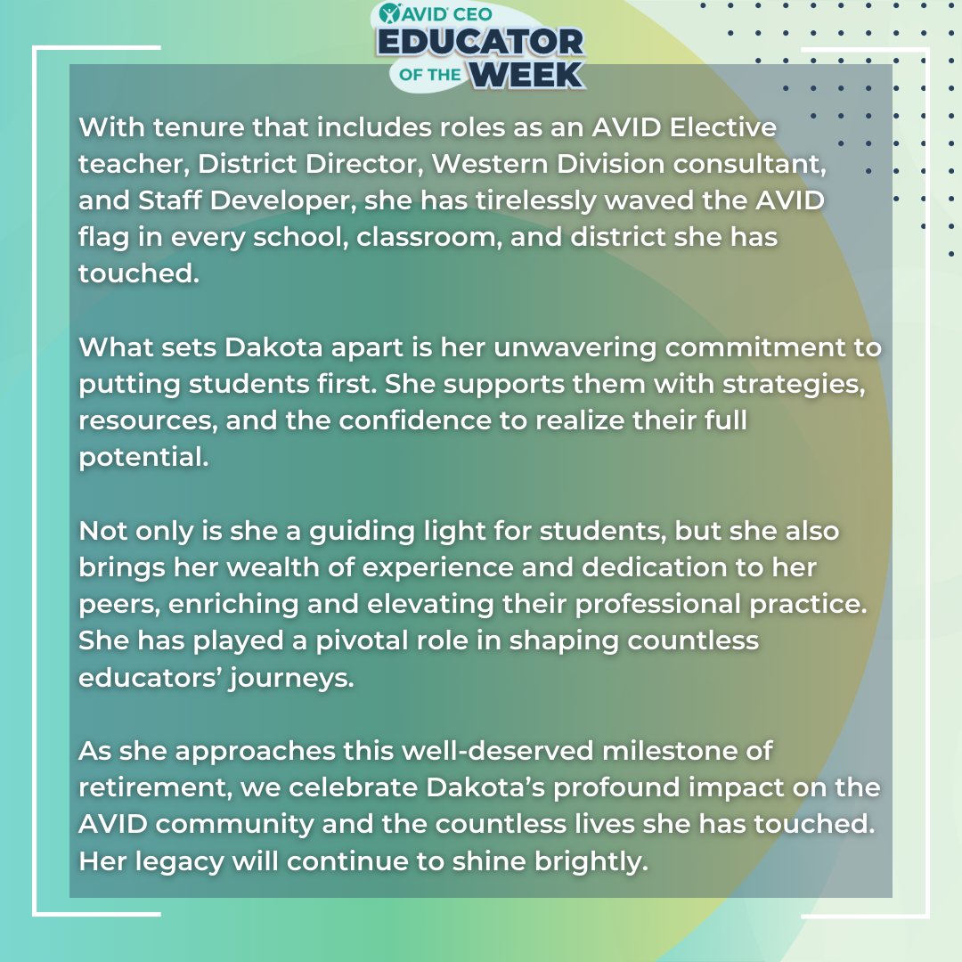 Today, we are so happy to spotlight an amazing AVID educator, Laurine Goldberg —affectionately known to those around her as Dakota—as she embarks on her final year before retirement from Santa Fe Public Schools! 

#AVIDCEOEducatoroftheWeek 
<a href="/AVID4College/">AVID</a>