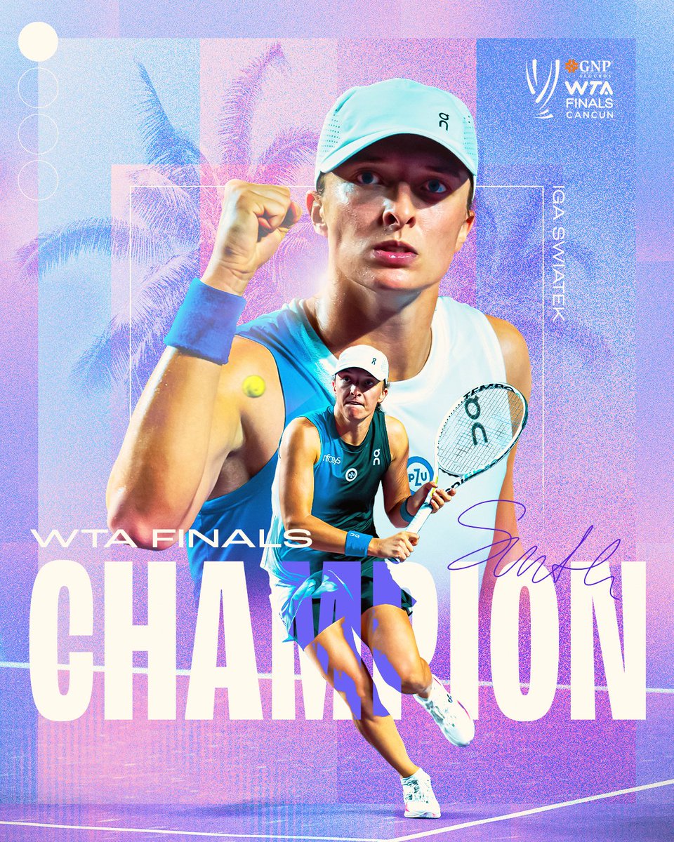 wta (@wta) on Twitter photo Simply. Unstoppable.
<a href="/iga_swiatek/">Iga Świątek</a> is your 2023 @WTAFinals CHAMPION 🎉
#WTAFinals #GNPSegurosWTAFinalsCancun Simply. Unstoppable.
<a href="/iga_swiatek/">Iga Świątek</a> is your 2023 @WTAFinals CHAMPION 🎉
#WTAFinals #GNPSegurosWTAFinalsCancun