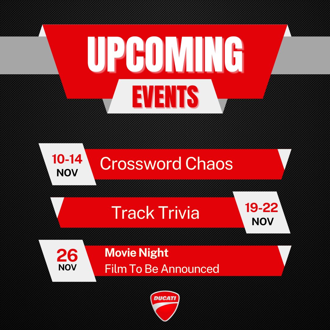 Coming up in the Ducati Discord: Crosswords, Trivia &amp; Movie Night! 

Join the fun: discord.gg/ducati