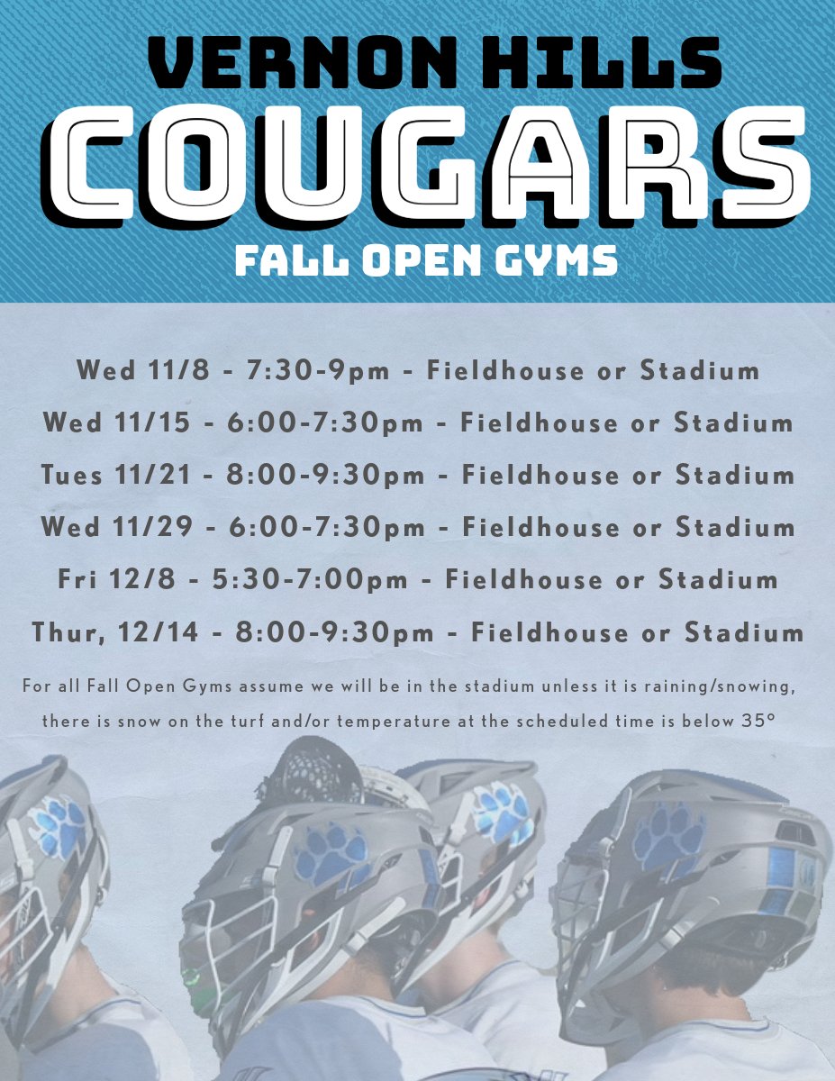 Boys Lacrosse Open Gym Schedule thru December, open to all VHHS Students that want to participate;  if you're in need of equipment contact Coach Fitzgibbons